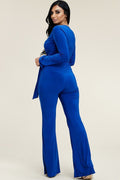 Solid Long Sleeve Wide Leg Jumpsuit With Tie Waist