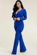 Solid Long Sleeve Wide Leg Jumpsuit With Tie Waist