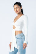Soft Heavy Knit Front Ribbon Side Band Tie Long Sleeve Crop Top