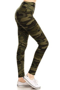 Long Yoga Style Banded Lined Olive Camo Print, Full Length Leggings In A Slim Fitting Style With A Banded High Waist.